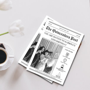 Elegante Schwarz-Weiß-Zeitung Quinceañera Einladung