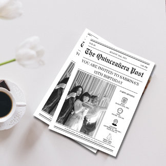 Elegante Schwarz-Weiß-Zeitung Quinceañera Einladung