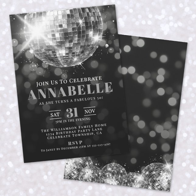 Elegante Schwarz-weiße 50. Geburtstagsparty Einladung (Elegant Black White 50th Birthday Party Invitation)