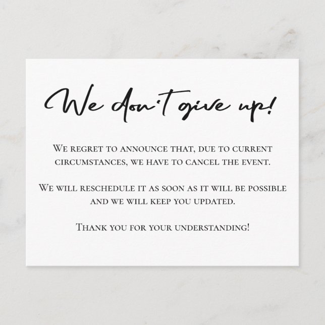 Elegante schwarz-weiße Annullierungsankündigung Postkarte (Vorderseite)