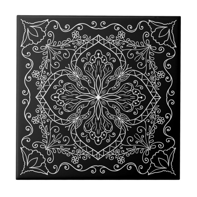 Elegante Schwarz-weiße Blume Schmetterlingsdekorat Fliese (Vorderseite)