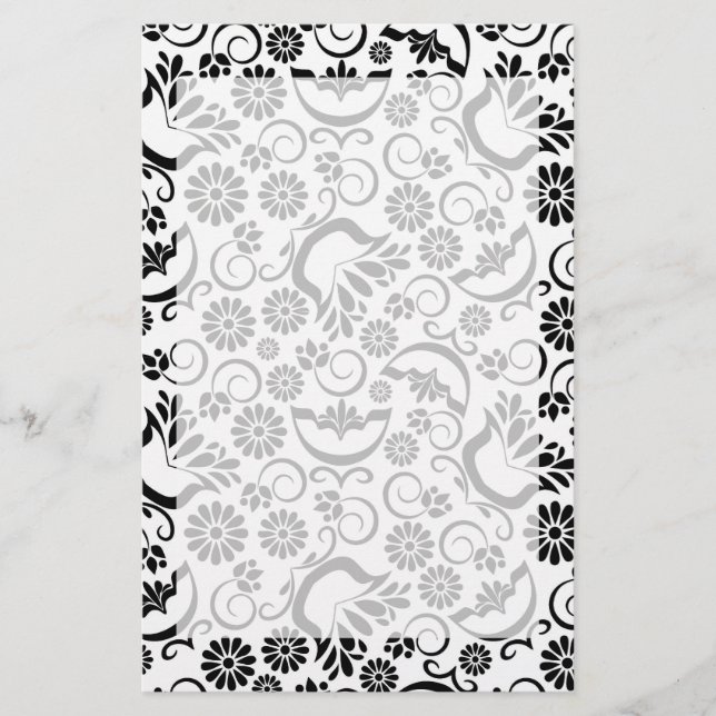 Elegante Schwarz-weiße Blumengeschichten Briefpapier (Vorderseite)