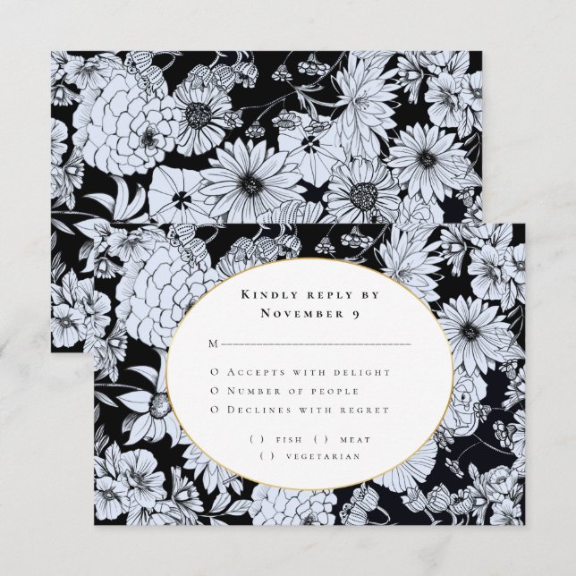 Elegante Schwarz-weiße Blumenhochzeit RSVP Einladung (Vorne/Hinten)