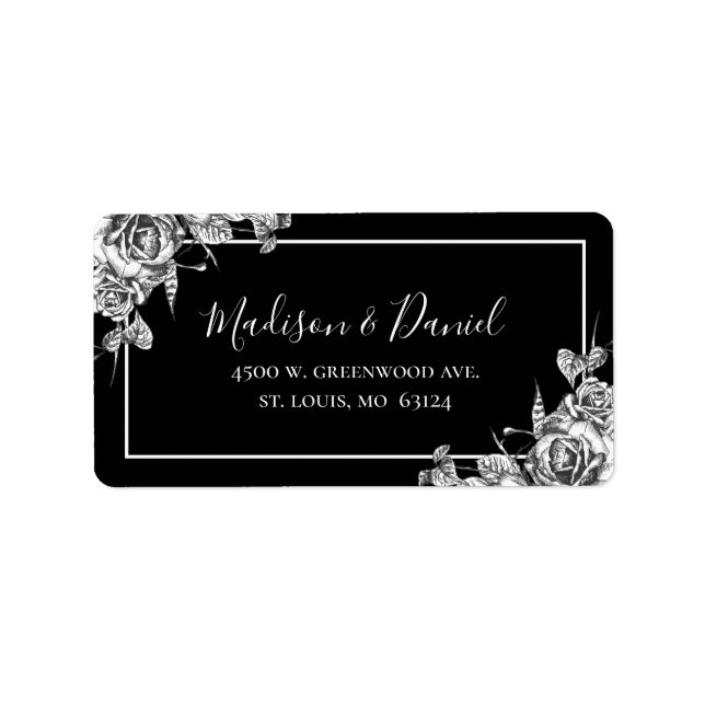 Elegante Schwarz-weiße Blumenhochzeit-Rücksendeadr Adressaufkleber (Vorne)