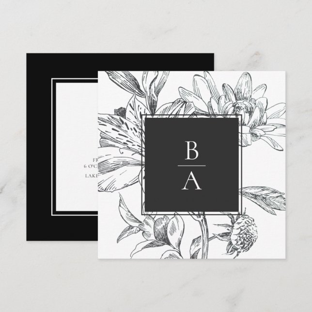 Elegante Schwarz-weiße Botanische Blumenhochzeit Einladung (Vorne/Hinten)