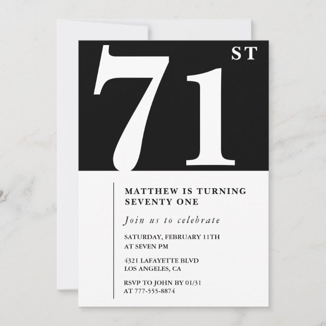 Elegante Schwarz-weiße Einladung zum 71. Geburtsta (Vorderseite)