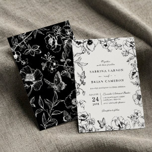 Elegante schwarz-weiße florale Gartenhochzeit Einladung