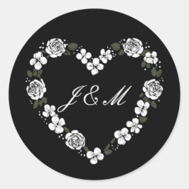Elegante schwarz-weiße florale Herz-Hochzeit Runder Aufkleber