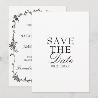 Elegante Schwarz-Weiße Florale Old Money Hochzeit Save The Date