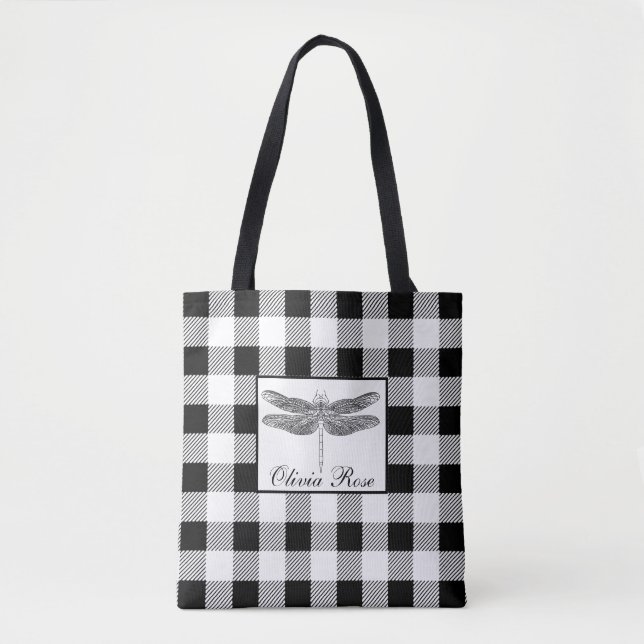 Elegante Schwarz-weiße Gingham-Libelle Tasche (Vorderseite)
