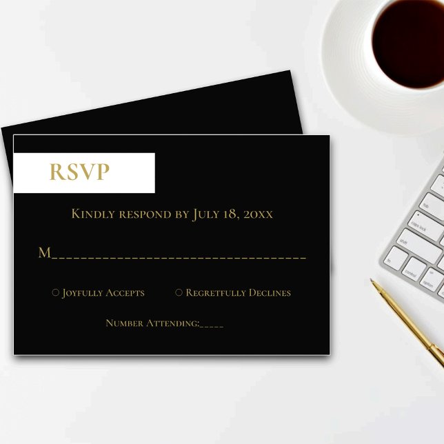 Elegante, Schwarz-weiße Gold Moderne Hochzeit RSVP Karte (Von Creator hochgeladen)