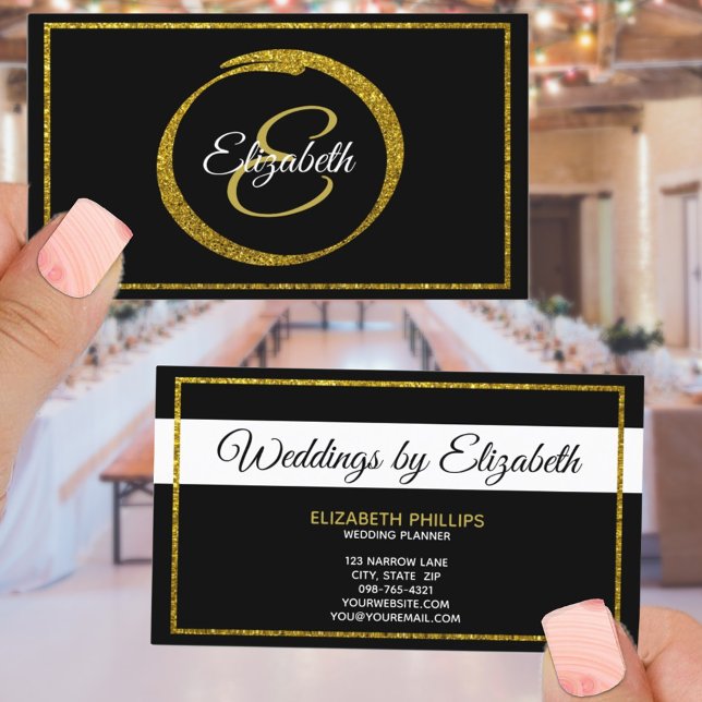 Elegante Schwarz-weiße Goldmonogramm-Vorlage Visitenkarte (Von Creator hochgeladen)