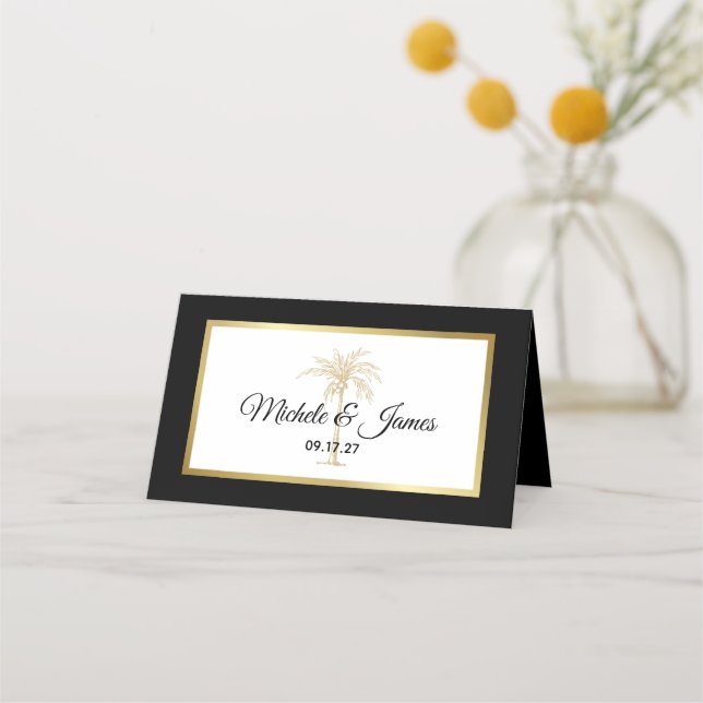 Elegante Schwarz-weiße Goldpalme Tree Moderne Hoch Platzkarte (Vorderseite)