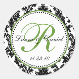Elegante Schwarz-weiße Green Damask Hochzeit Runder Aufkleber