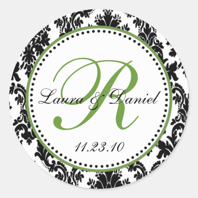 Elegante Schwarz-weiße Green Damask Hochzeit Runder Aufkleber (Vorderseite)
