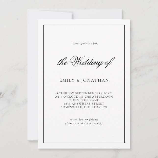 Elegante Schwarz-weiße Hochzeit Einladung (Vorderseite)