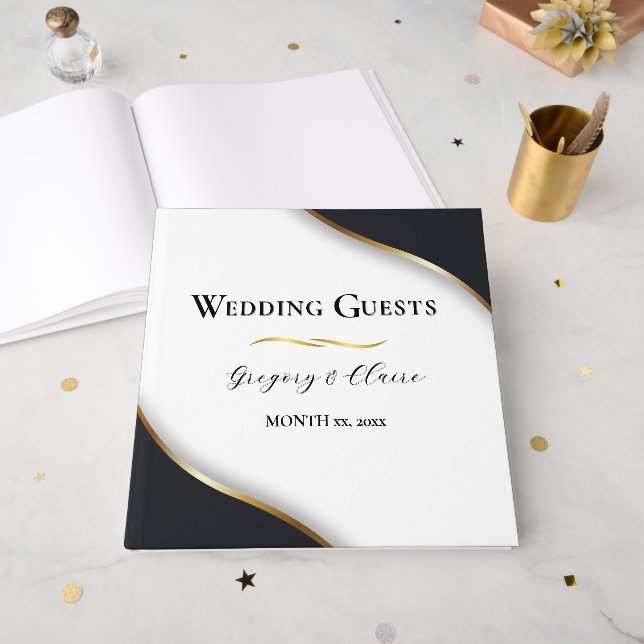 Elegante Schwarz-weiße Hochzeit Gästebuch (Vorderseite offen)