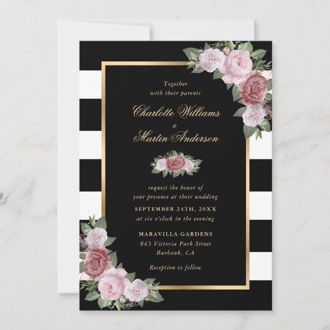 Elegante Schwarz-weiße Hochzeit in Rosa Rosa Einladung (Vorderseite)