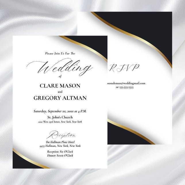 Elegante Schwarz-weiße Hochzeit mit UAWG Einladung (Elegant Black White Gold Wedding Invitation)