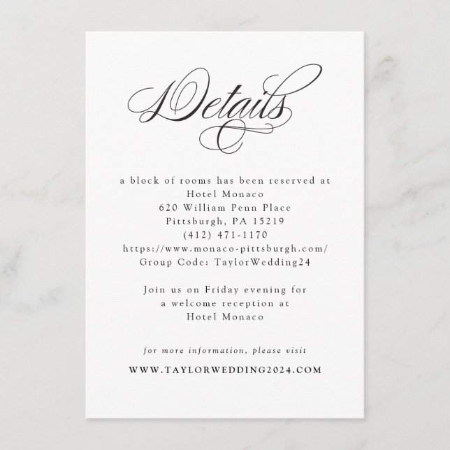 Elegante Schwarz-weiße Hochzeitdetails Begleitkarte (Vorderseite)