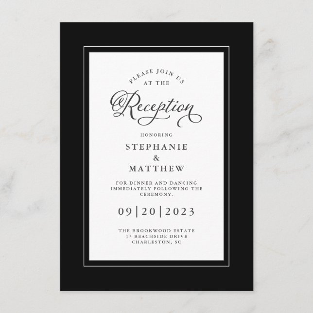 Elegante Schwarz-weiße Hochzeitsempfang Chic Borde Begleitkarte (Vorderseite)