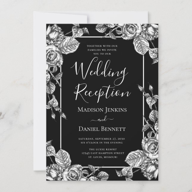 Elegante Schwarz-weiße Hochzeitsempfehlung Einladung (Vorderseite)