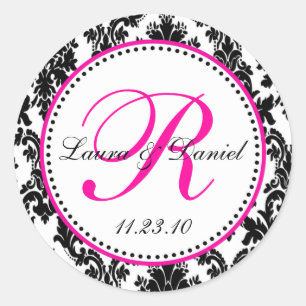 Elegante Schwarz-weiße Hot Pink Damask Hochzeit Runder Aufkleber