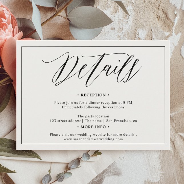 Elegante Schwarz-weiße Kalligraphie Details Hochze Begleitkarte (Elegant Black white calligraphy details wedding Enclosure Card)