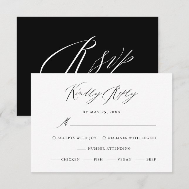 Elegante Schwarz-weiße Kalligraphie Hochzeit RSVP (Vorne/Hinten)