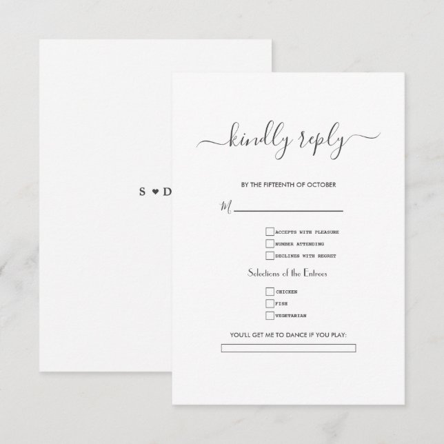 Elegante Schwarz-weiße Kalligraphie-Hochzeit RSVP Karte (Vorne/Hinten)