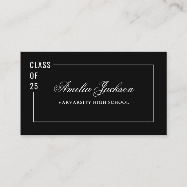 Elegante Schwarz-weiße Klasse mit 25 Graduate Name Visitenkarte (Vorderseite)