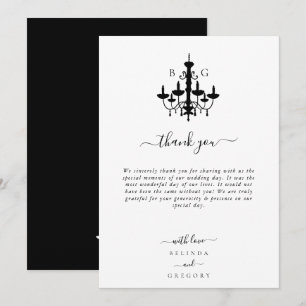 Elegante Schwarz-weiße Kronleuchter Monogram Weddi Dankeskarte