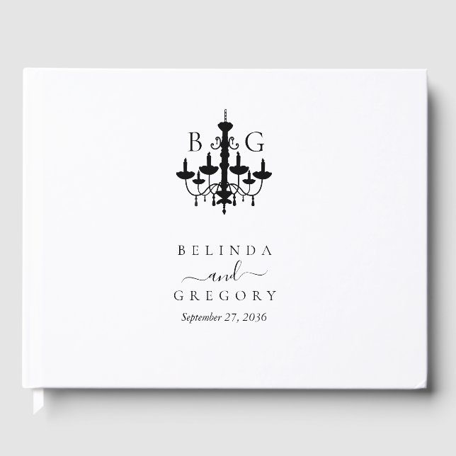 Elegante Schwarz-weiße Kronleuchter Monogram Weddi Gästebuch (Vorderseite)