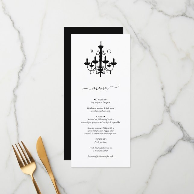 Elegante Schwarz-weiße Kronleuchter Monogram Weddi Menükarte (Vorderseite/Rückseite Beispiel)
