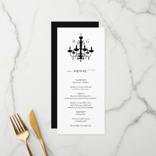 Elegante Schwarz-weiße Kronleuchter Monogram Weddi Menükarte
