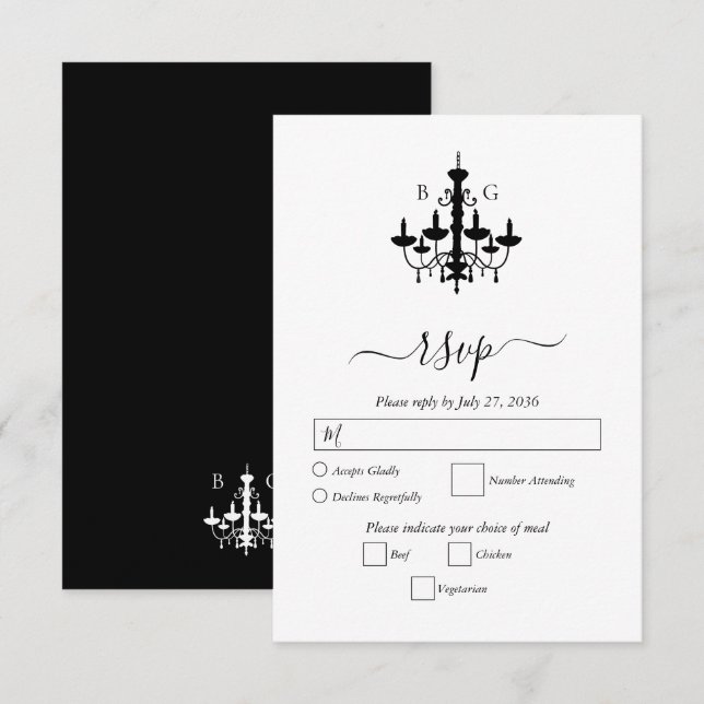 Elegante Schwarz-weiße Kronleuchter Monogram Weddi RSVP Karte (Vorne/Hinten)