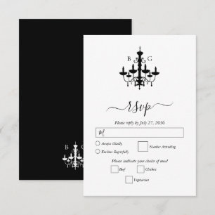 Elegante Schwarz-weiße Kronleuchter Monogram Weddi RSVP Karte
