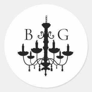 Elegante Schwarz-weiße Kronleuchter Monogram Weddi Runder Aufkleber