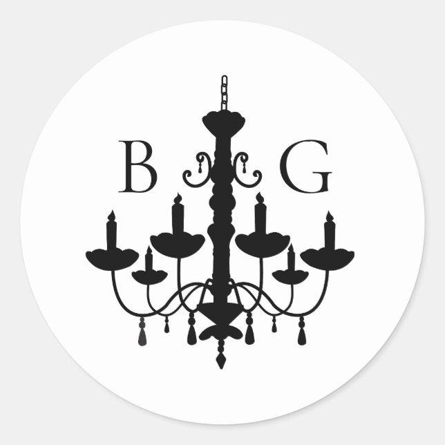 Elegante Schwarz-weiße Kronleuchter Monogram Weddi Runder Aufkleber (Vorderseite)