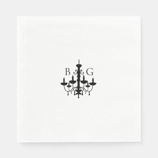 Elegante Schwarz-weiße Kronleuchter Monogram Weddi Serviette (Vorderseite)