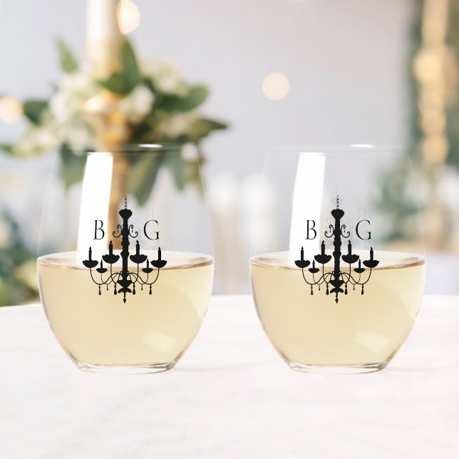 Elegante Schwarz-weiße Kronleuchter Monogram Weddi Weinglas Ohne Stiel (Insitu (Hochzeit))