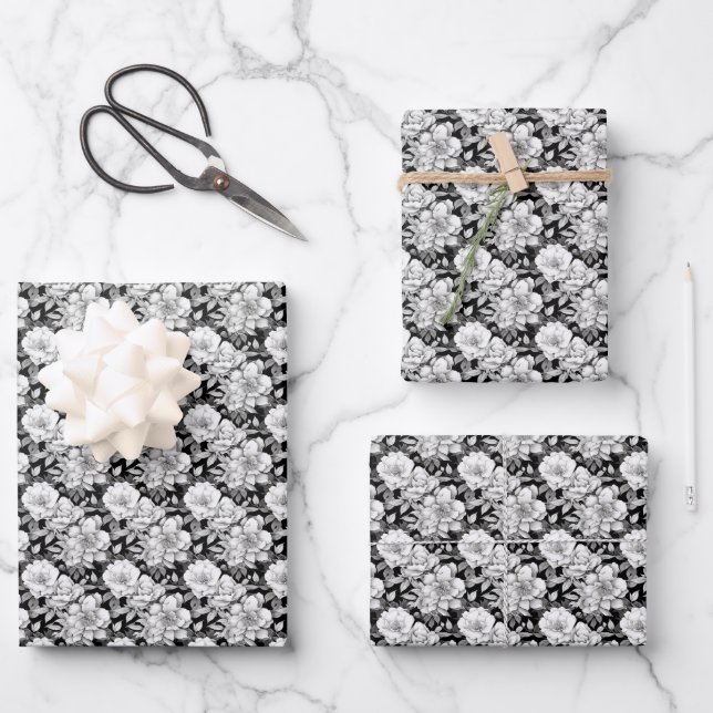 Elegante Schwarz-weiße Magnolia-Blume gekachelt Geschenkpapier Set (Vorderseite)