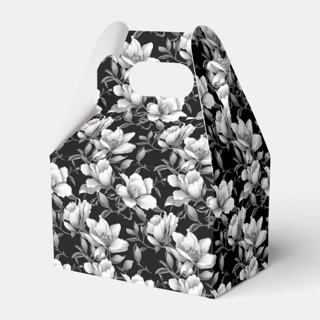 Elegante Schwarz-weiße Magnolia-Blume gekachelt Geschenkschachtel (Vorderseite)