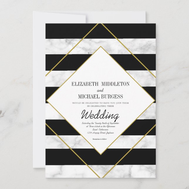 Elegante Schwarz-weiße Marmorgoldverheiratung Einladung (Vorderseite)