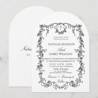 Elegante schwarz-weiße Monogramm-Bogen-Hochzeit Einladung