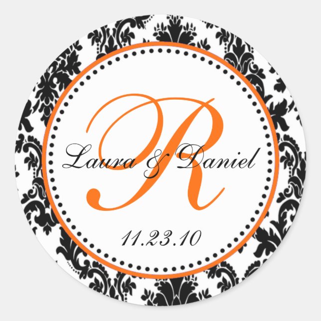 Elegante Schwarz-weiße Orange Damask Hochzeit Runder Aufkleber (Vorderseite)