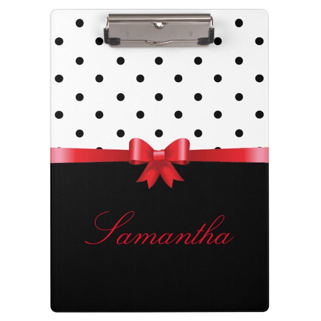 Elegante Schwarz-weiße Polka Punkte roter Bogen Pe Klemmbrett (Vorderseite)
