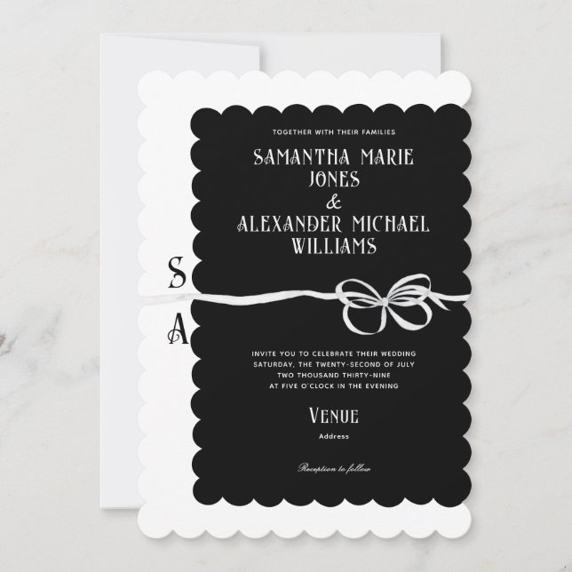 Elegante Schwarz-weiße Ribbon Bow Monogram Wedding Einladung (Vorderseite)