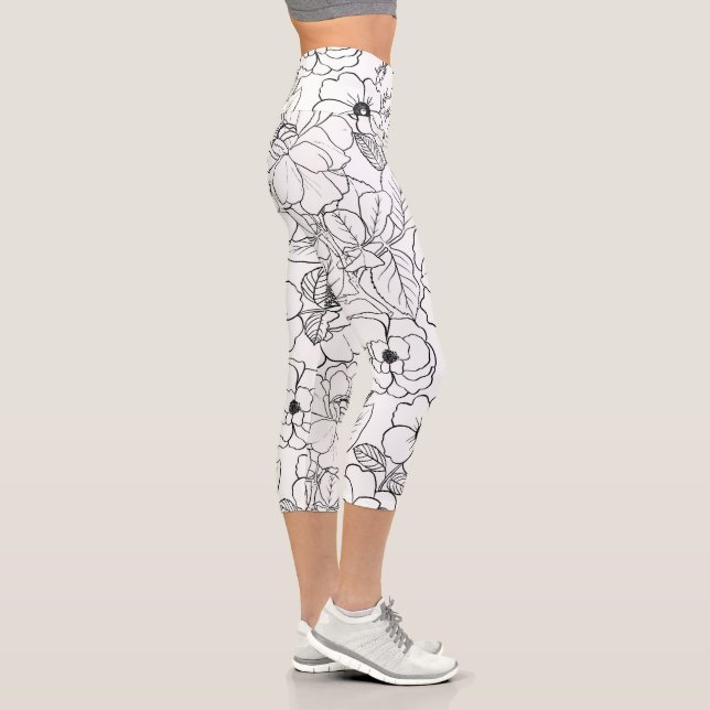 Elegante Schwarz-weiße Rose Kunst, Dichtung und Mu Capri Leggings (Rechts)