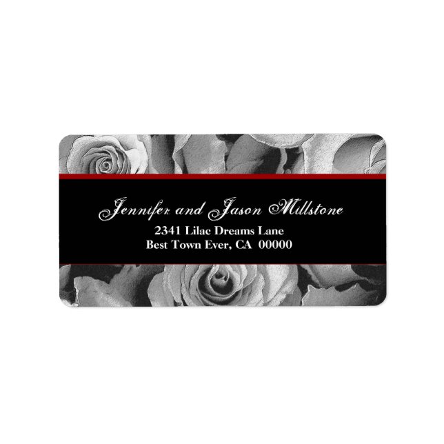 Elegante SCHWARZ-WEISSE Rote Rosen Hochzeitssymbol Adressaufkleber (Vorne)